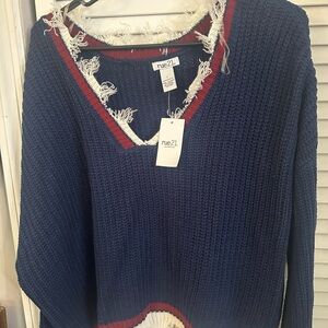 Rue21 Navy and Red V-Neck Distressed Sweater